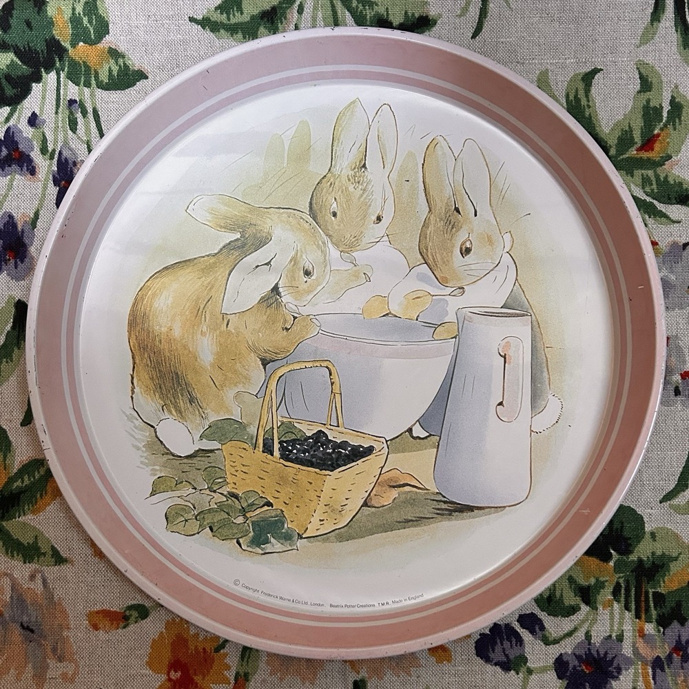 VTG Beatrix Potter Bunny Rabbit 12" Metal Tin Tray Tea Party Nursery Baby Spring
